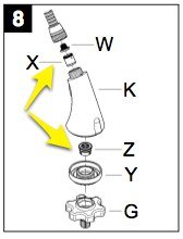 Spray head exploded view. Arrows indicate parts to clean.